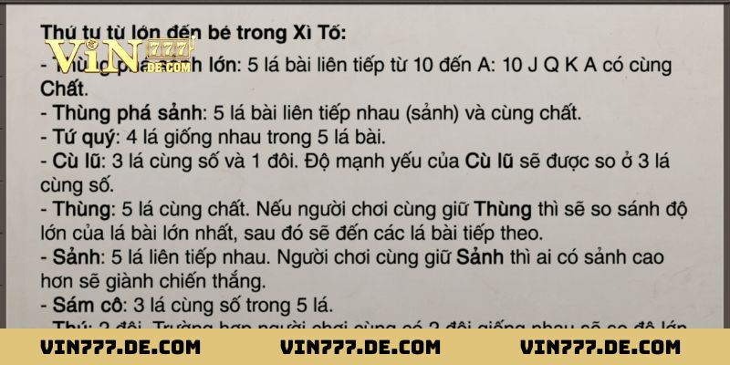 Cần biết thứ tự mạnh đến yếu của các tay bài để tính điểm Xì Tố