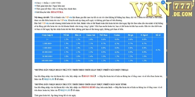 Hoàn trả tức thời không giới hạn 2% cược ngay nhận liền tay